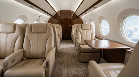 Vue intérieure d'un jet privé montrant des sièges en cuir beige et une table de travail avec des documents