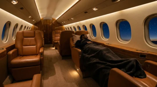 Intérieur d'une cabine de jet privé ultra long courrier en vol de nuit