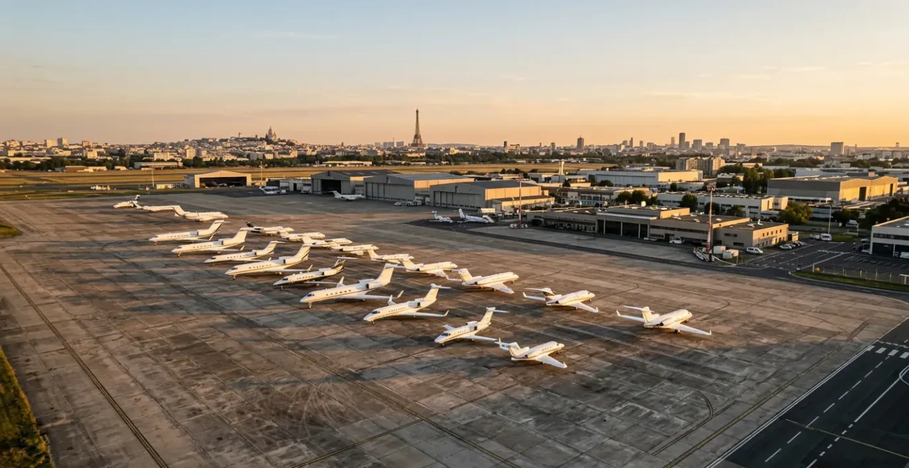 Vue aérienne de jets privés stationnés sur le tarmac de l'aéroport du Bourget avec Paris en arrière-plan