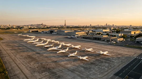 Vue aérienne de jets privés stationnés sur le tarmac de l'aéroport du Bourget avec Paris en arrière-plan