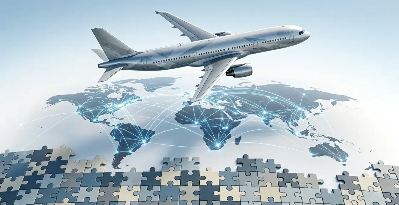 Avion commercial survolant plusieurs drapeaux nationaux avec cartes aériennes en arrière-plan