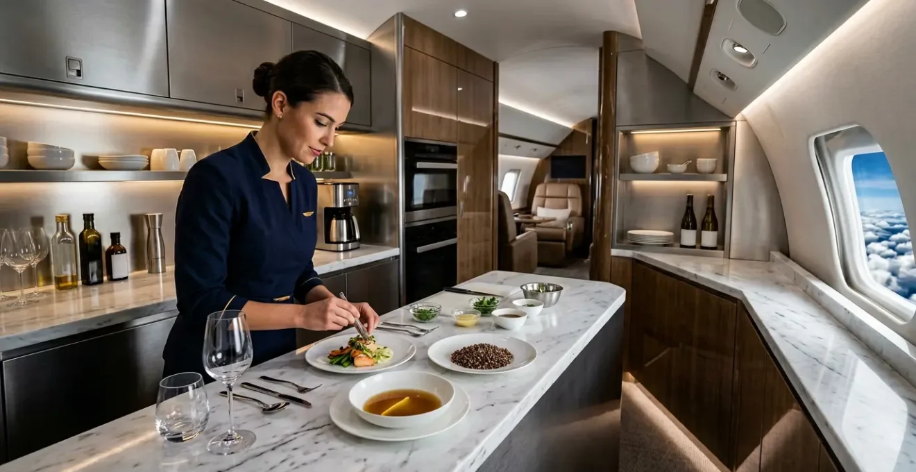 Service gastronomique de haute précision à bord d'un jet privé avec équipage professionnel