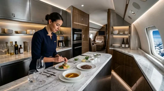 Service gastronomique de haute précision à bord d'un jet privé avec équipage professionnel