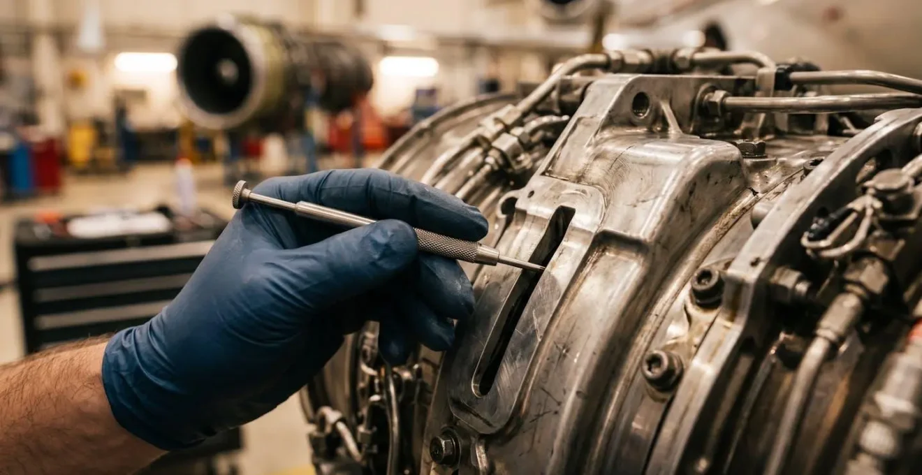 Vue macro des mains d'un technicien inspectant un composant d'avion avec précision