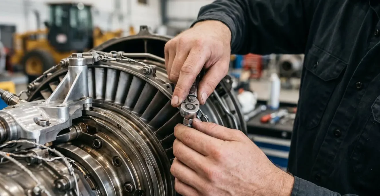 Techniciens effectuant la maintenance d'un jet privé dans un hangar moderne
