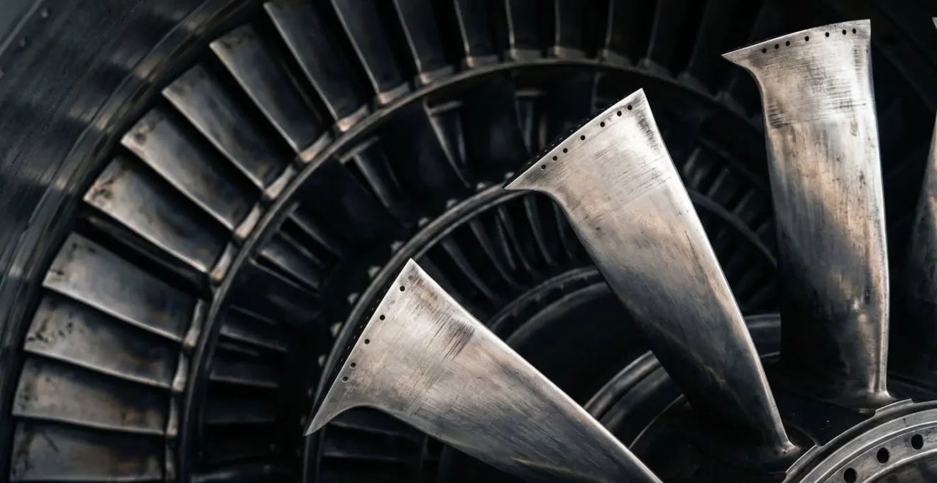 Vue macro détaillée de l'intérieur d'un réacteur d'avion d'affaires montrant les aubes de turbine