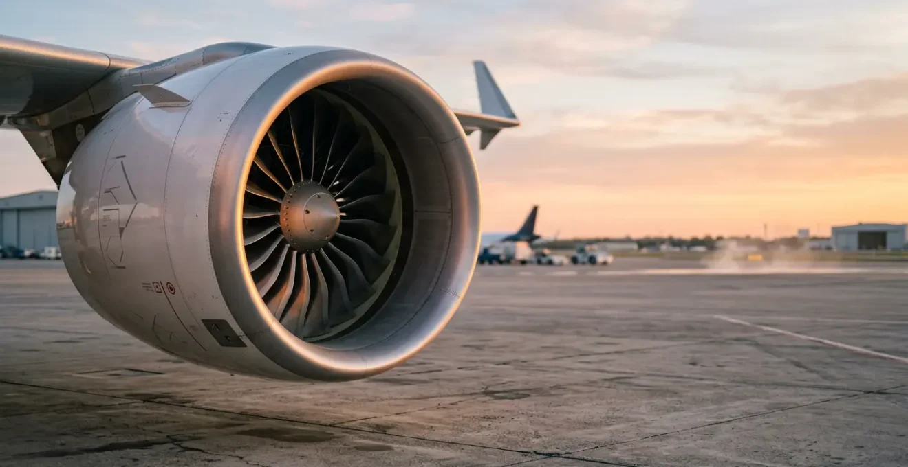 Vue détaillée d'un moteur d'avion moderne avec sa nacelle ouverte montrant le grand ventilateur frontal à taux de dilution élevé