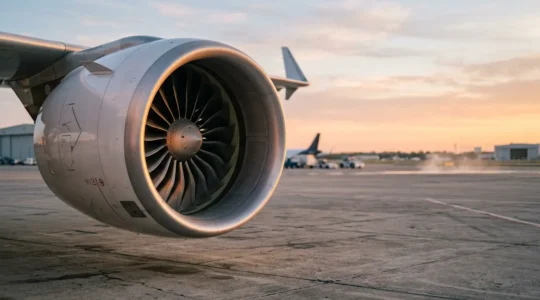 Vue détaillée d'un moteur d'avion moderne avec sa nacelle ouverte montrant le grand ventilateur frontal à taux de dilution élevé