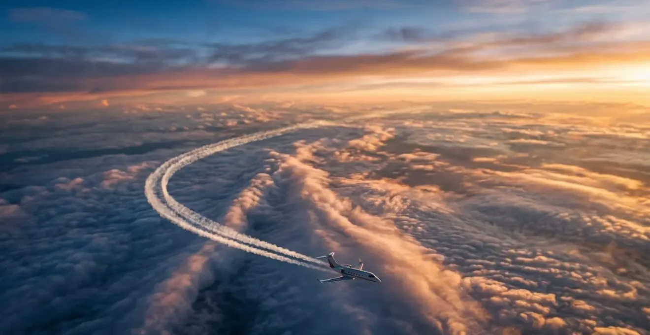 Vue aérienne d'un avion d'affaires volant au-dessus d'une couche nuageuse avec traînées de condensation formant des courbes naturelles