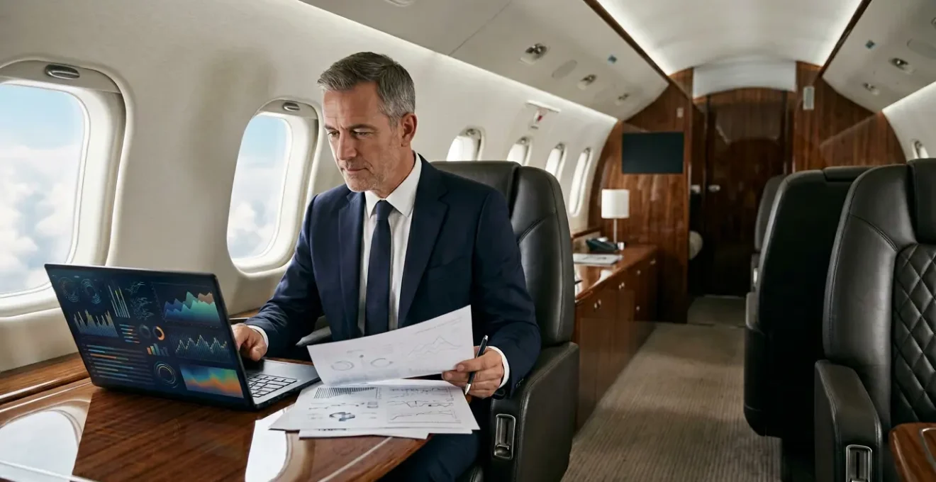 Dirigeant d'entreprise analysant des documents financiers dans un jet privé