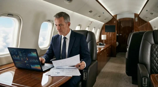 Dirigeant d'entreprise analysant des documents financiers dans un jet privé