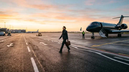 Passager en costume marchant sur le tarmac vers un jet privé à l'aube
