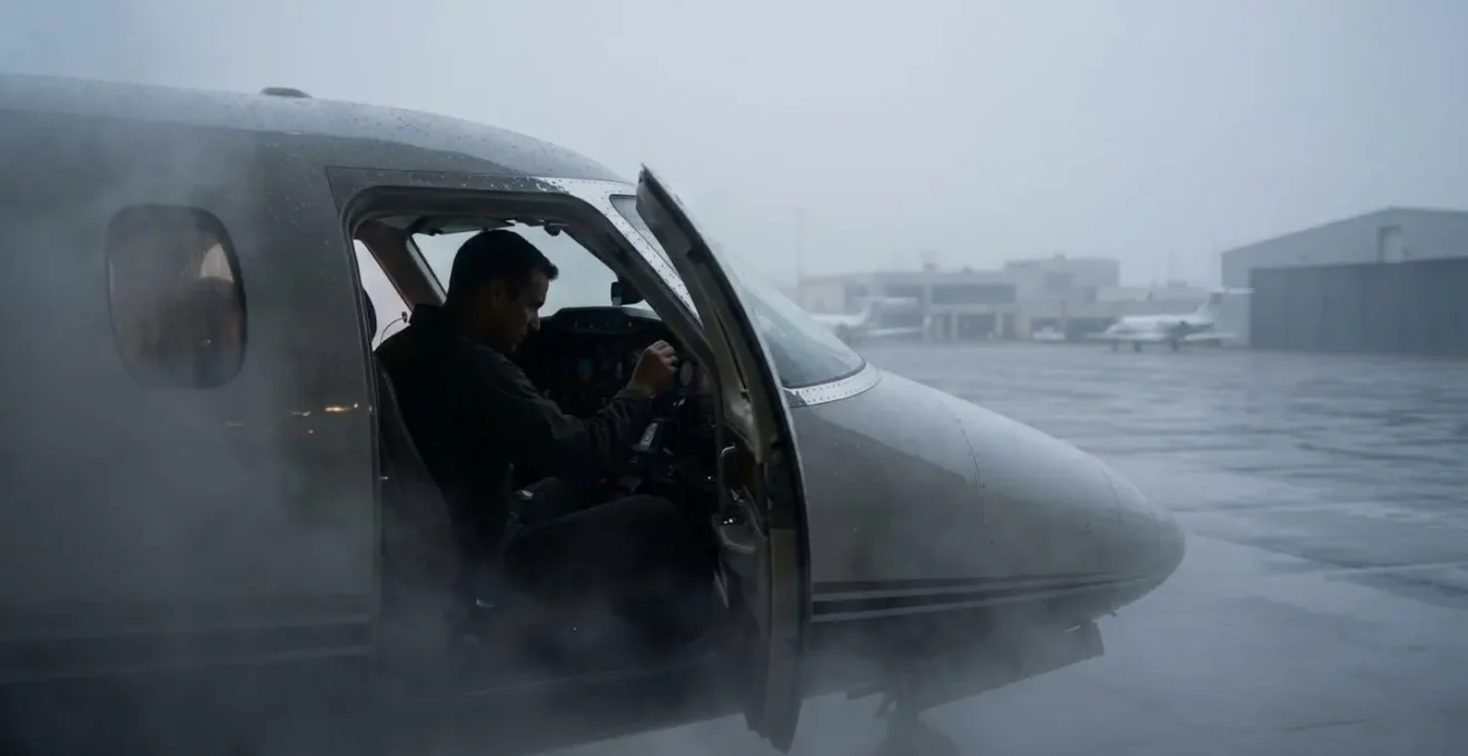 Aéroport enveloppé dans un brouillard matinal dense avec silhouette d'avion en attente