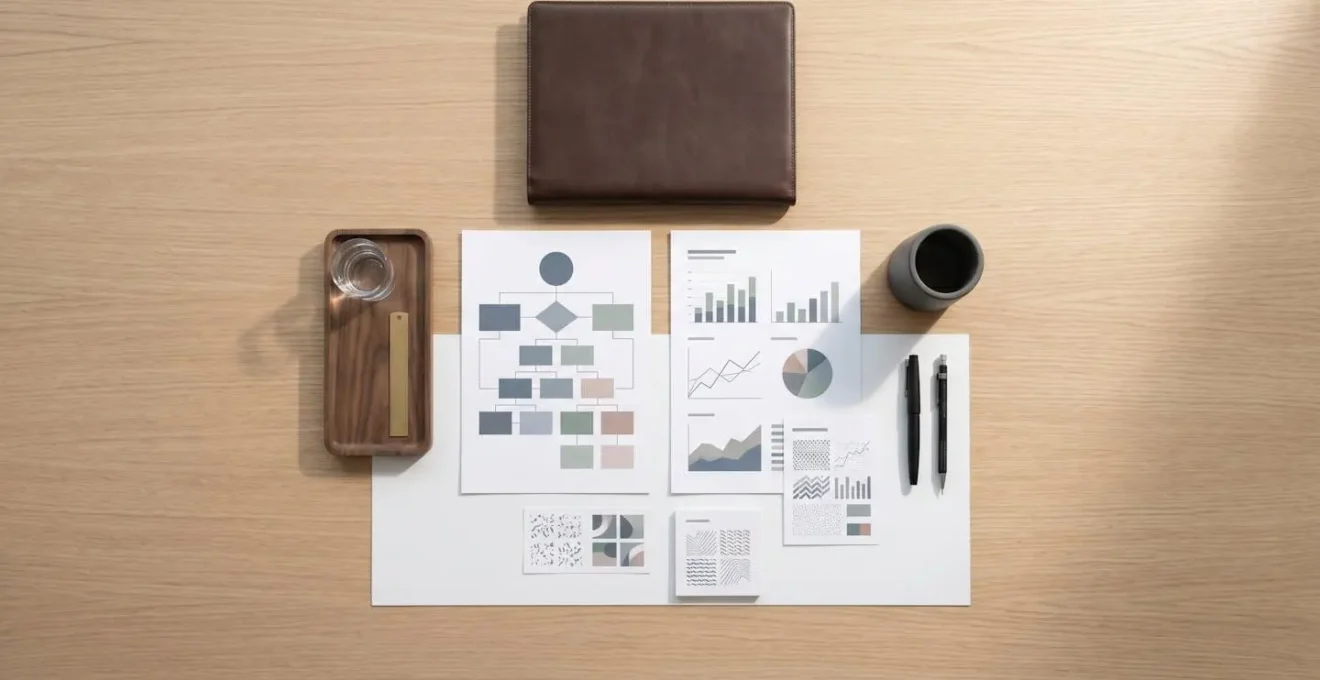 Vue en plongée d'un bureau épuré avec documents et graphiques abstraits disposés harmonieusement
