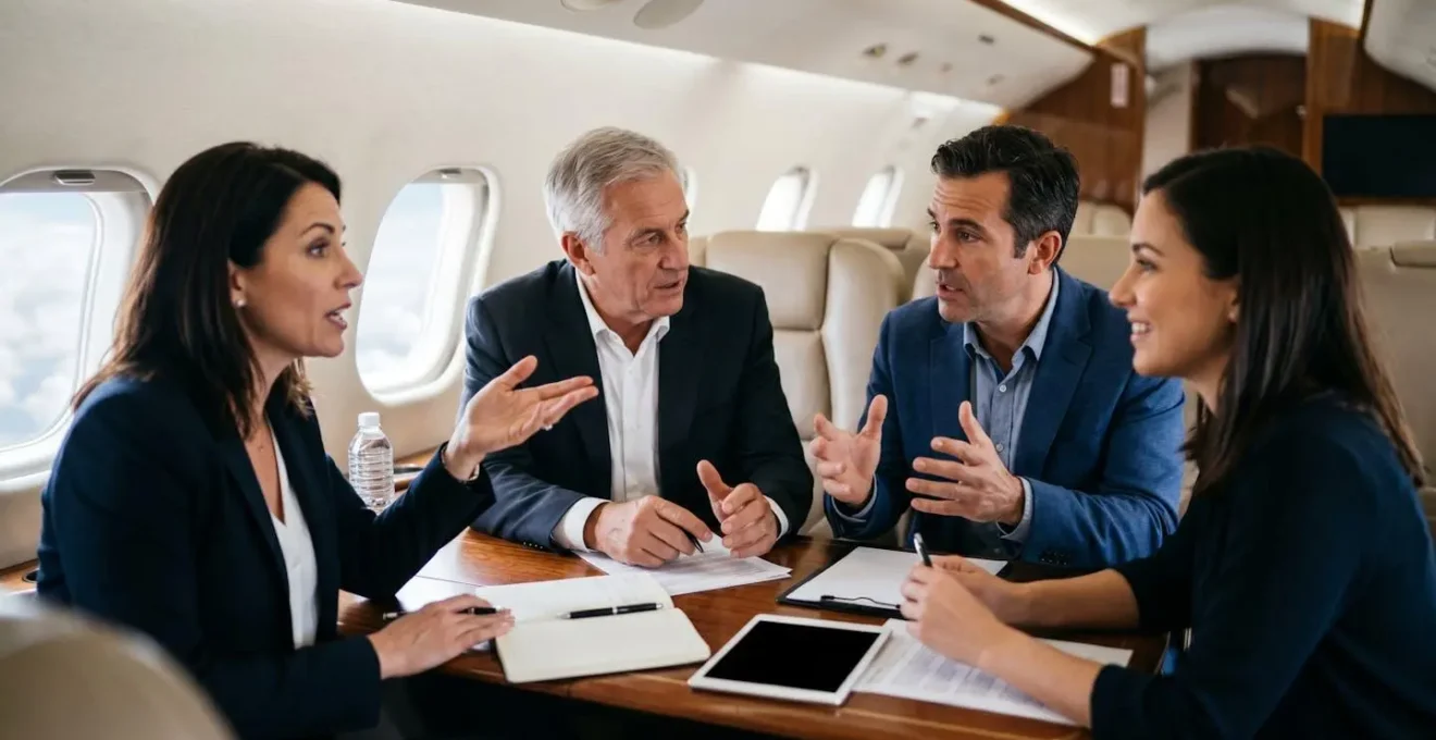 Équipe de direction en réunion stratégique dans la cabine d'un jet privé