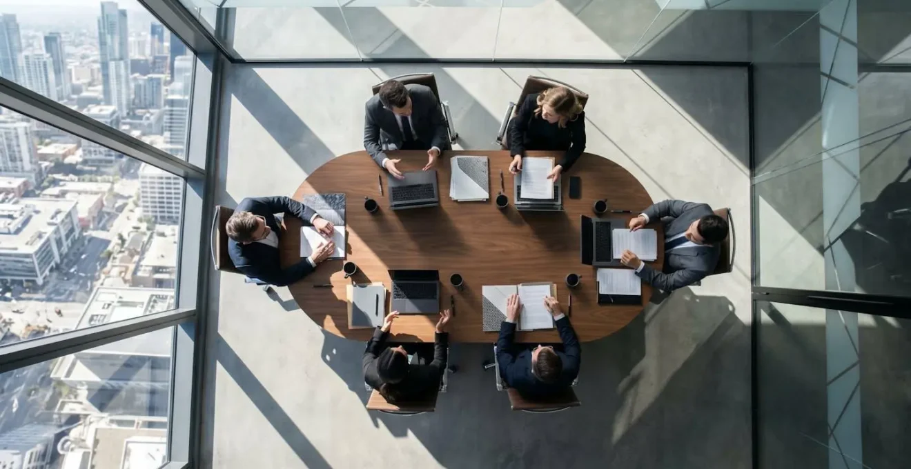 Réunion de comité exécutif autour d'une table ovale avec documents et ordinateurs portables fermés