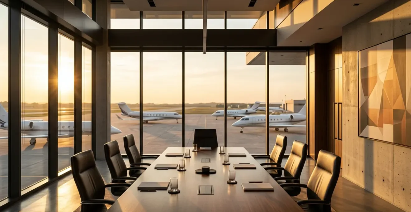 Vue panoramique d'une salle de réunion haut de gamme dans un terminal FBO avec vue sur le tarmac
