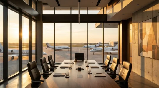 Vue panoramique d'une salle de réunion haut de gamme dans un terminal FBO avec vue sur le tarmac