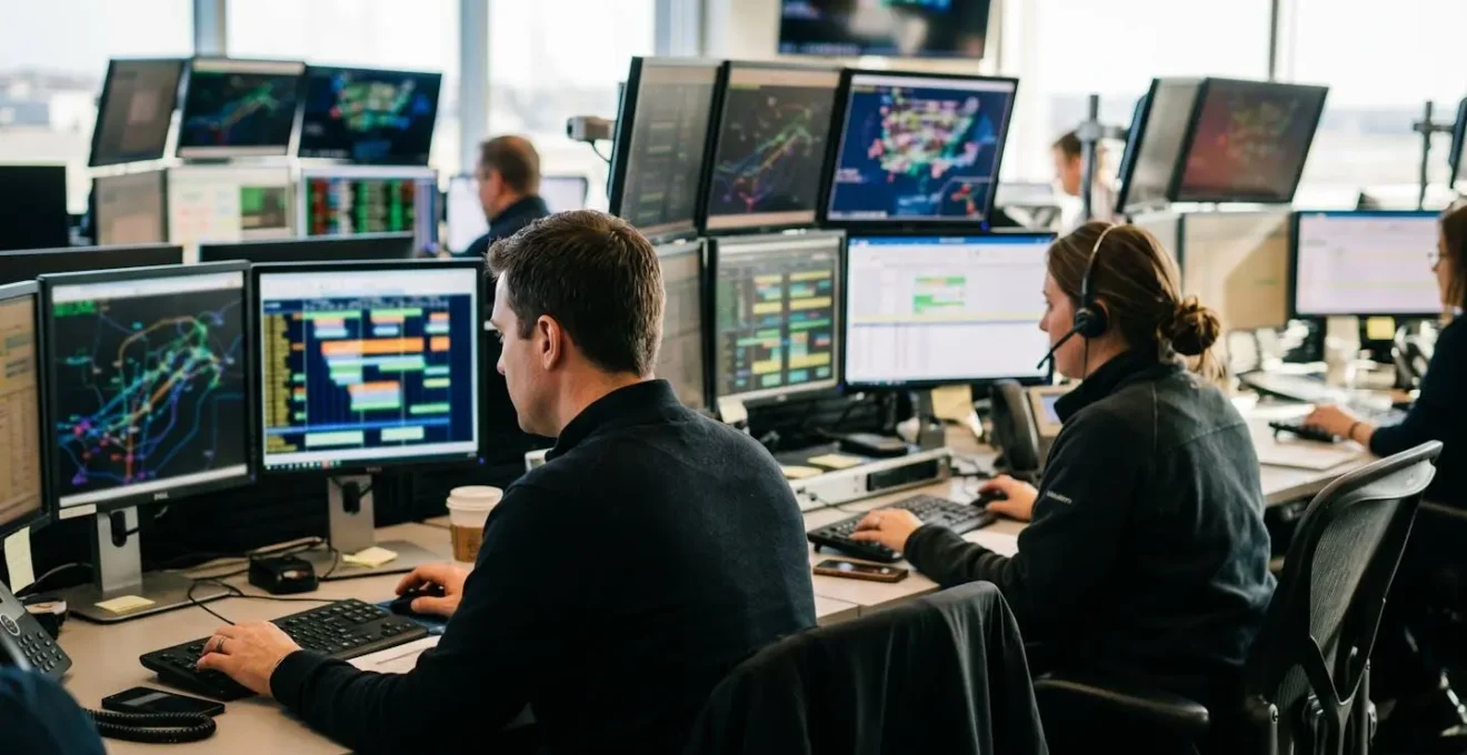 Salle d'opérations avec dispatchers surveillant les écrans de gestion des créneaux aéroportuaires