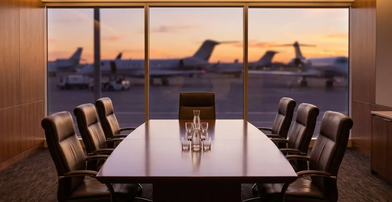 Salle de réunion privée dans un terminal d'affaires avec vue sur le tarmac