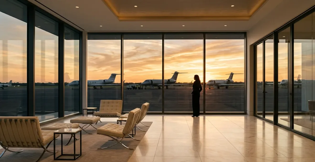 Intérieur luxueux d'un salon FBO avec vue sur jets privés au coucher du soleil