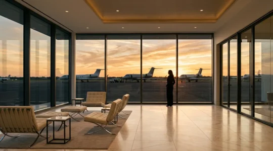 Intérieur luxueux d'un salon FBO avec vue sur jets privés au coucher du soleil