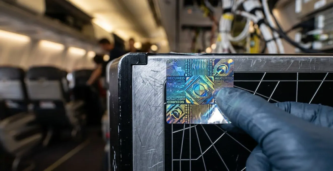 Vue macro d'un sceau de sécurité holographique sur équipement d'aviation