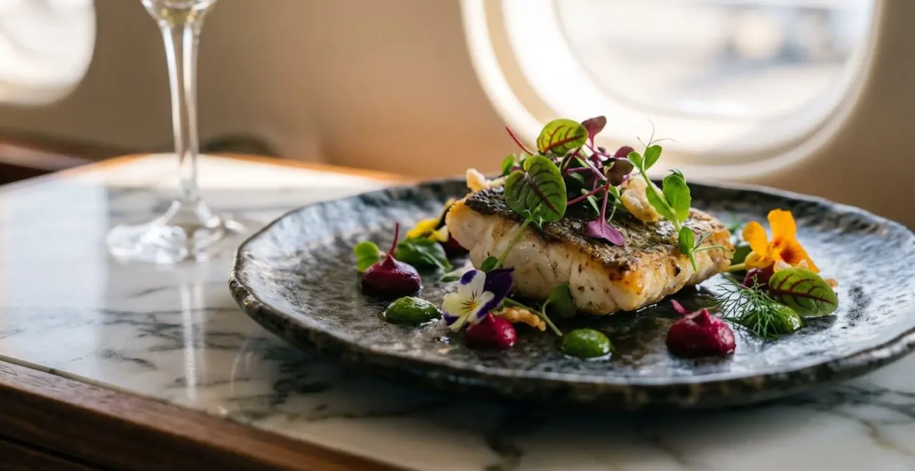 Service de haute gastronomie dans un salon FBO avec présentation raffinée