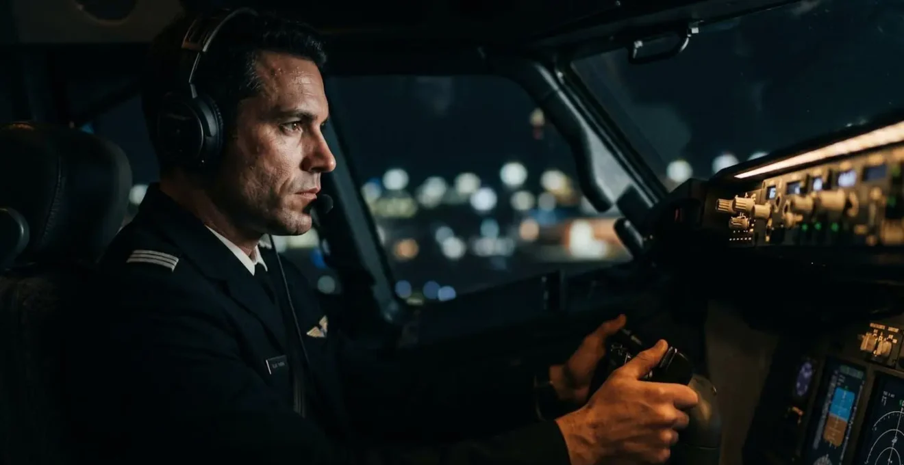 Pilote en formation dans un simulateur de vol professionnel reproduisant des conditions d'urgence