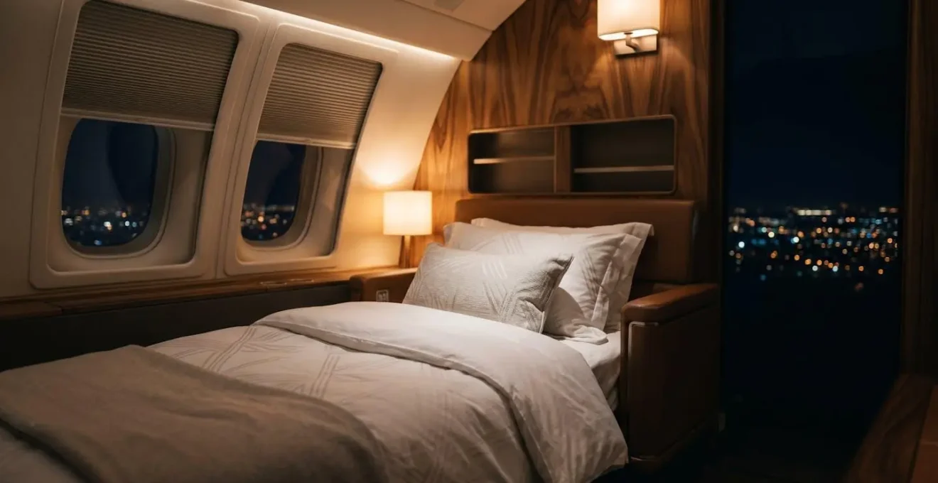 Suite privée avec lit à plat dans un Heavy Jet équipé pour les vols de nuit