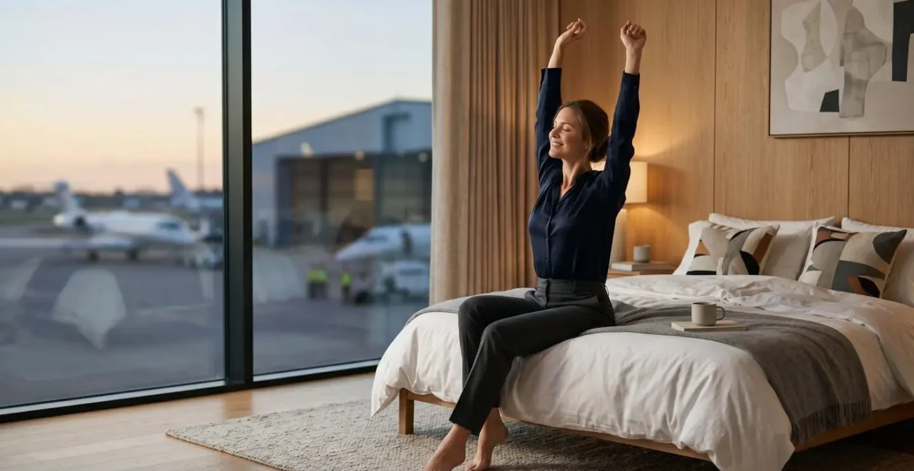 Suite de repos luxueuse dans un FBO avec lit king-size et vue tarmac