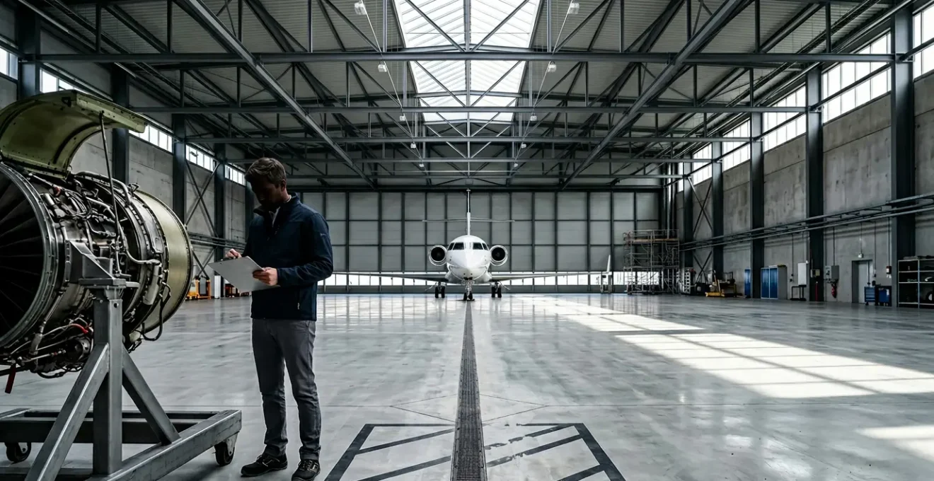 Professionnel CAMO examinant des documents de maintenance dans un hangar d'aviation moderne