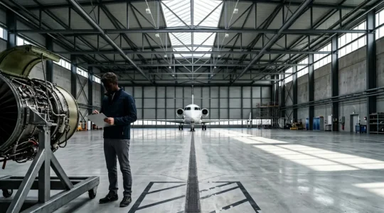 Professionnel CAMO examinant des documents de maintenance dans un hangar d'aviation moderne
