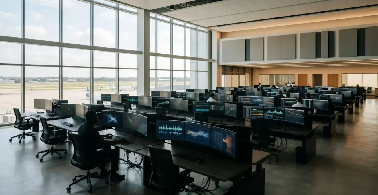 Centre de contrôle moderne avec écrans de suivi des temps de repos des équipages