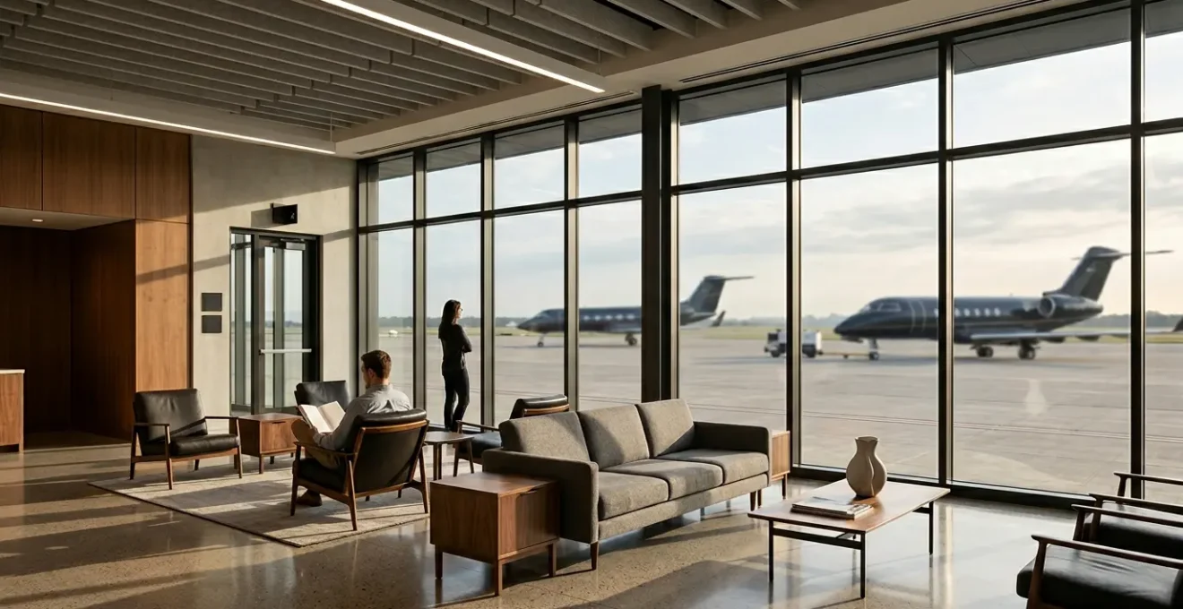Vue d'un salon privé de terminal d'affaires avec mobilier contemporain et jets privés visibles au loin par de larges baies vitrées