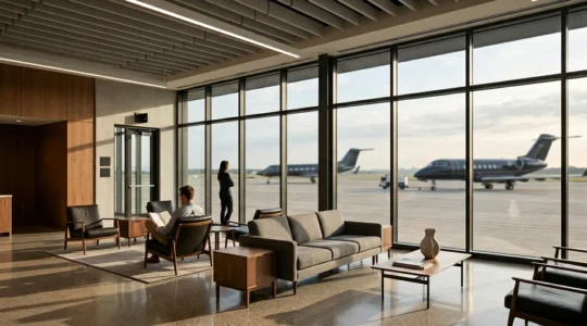 Vue d'un salon privé de terminal d'affaires avec mobilier contemporain et jets privés visibles au loin par de larges baies vitrées