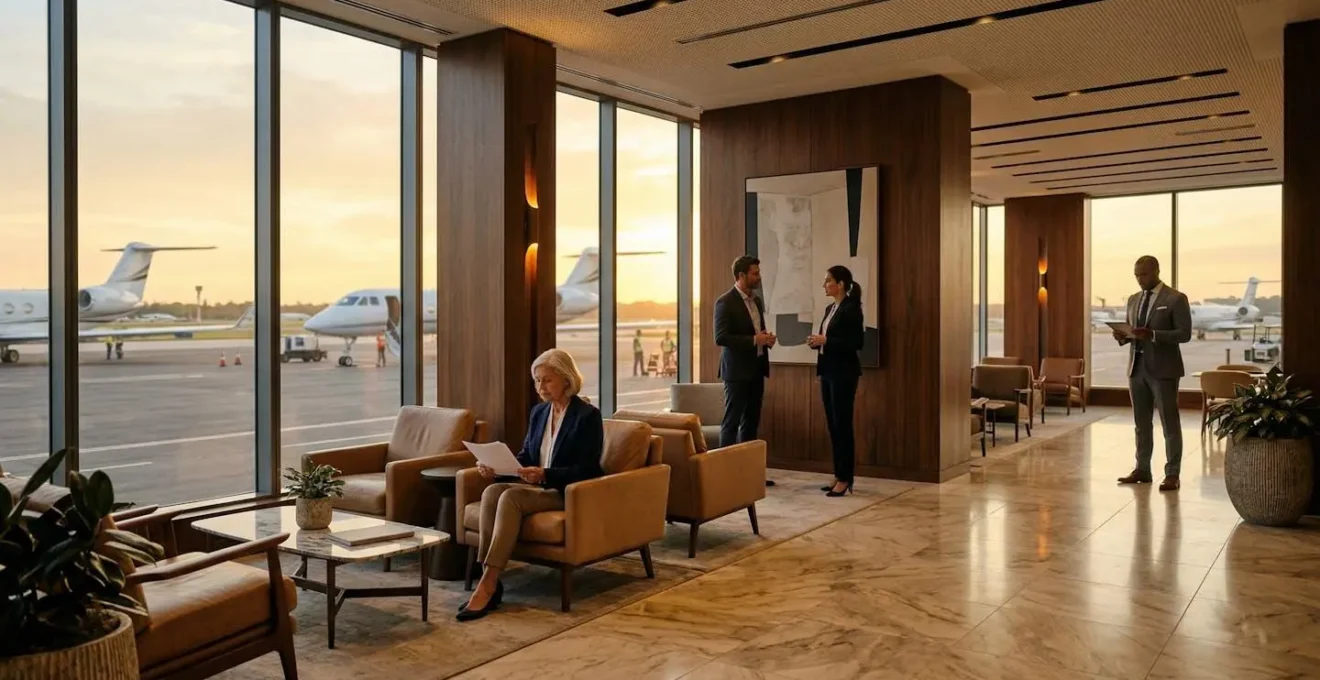 Salon VIP moderne d'un terminal FBO avec vue sur le tarmac et jets privés