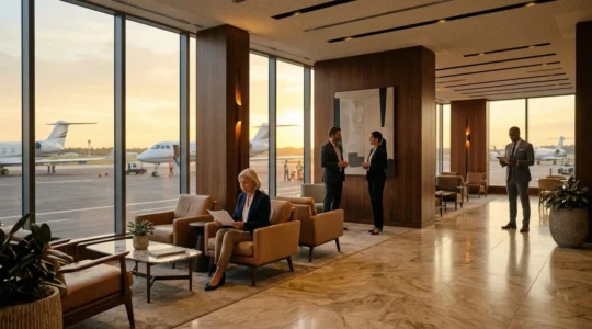 Salon VIP moderne d'un terminal FBO avec vue sur le tarmac et jets privés