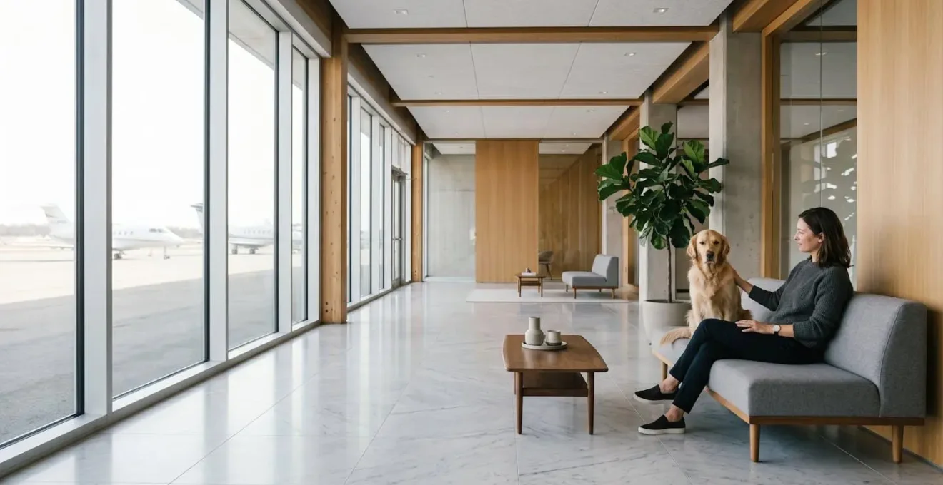 Un chien détendu dans un terminal privé FBO avec son propriétaire, environnement spacieux et calme