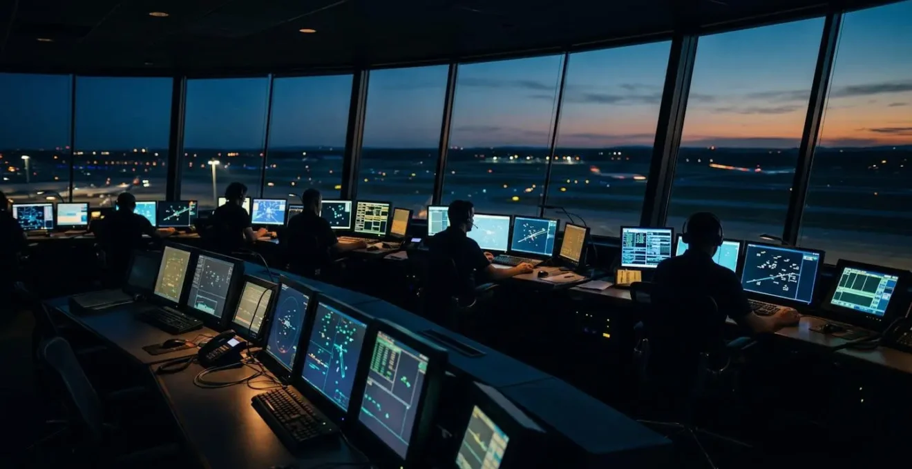 Salle de contrôle aérien moderne vue de dos avec contrôleurs surveillant des écrans radar dans la pénombre