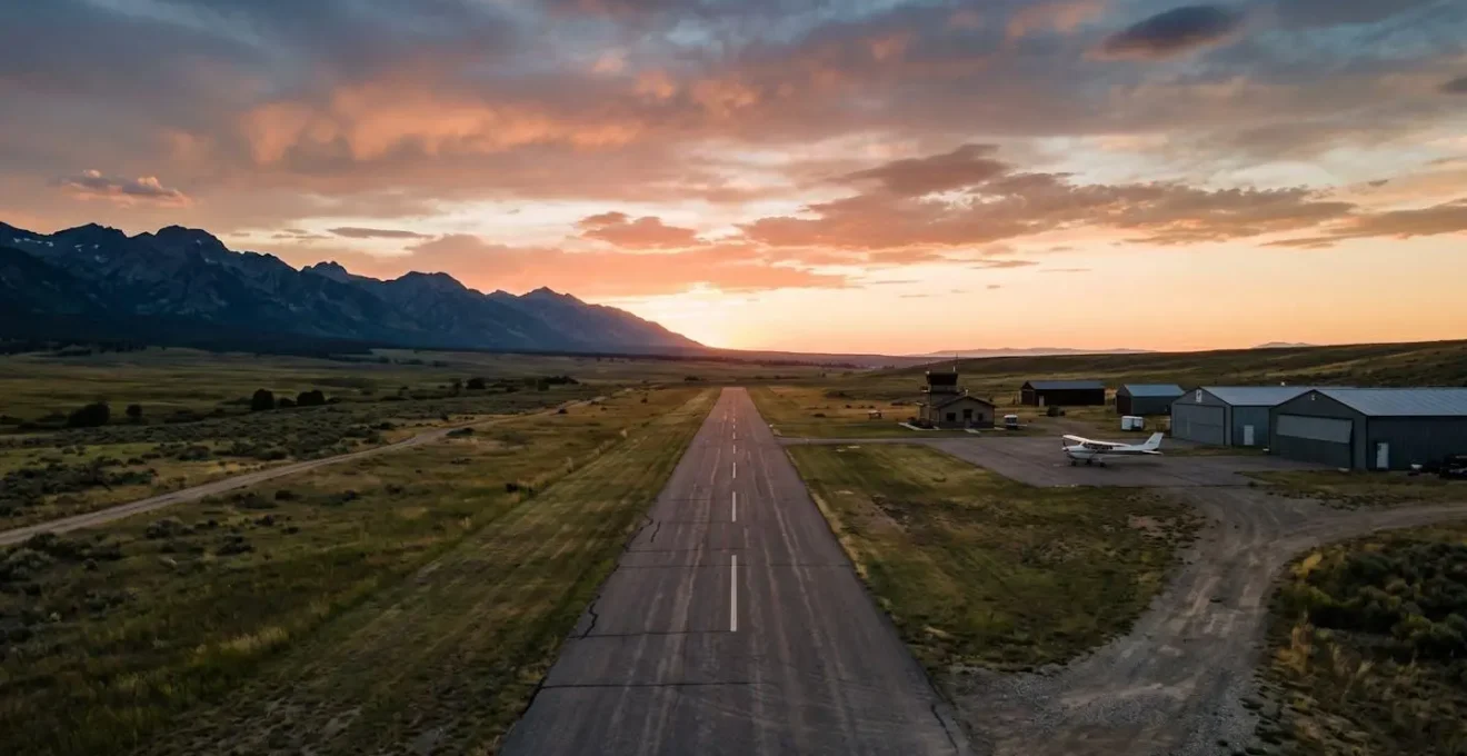Vue d'un petit aérodrome privé au coucher du soleil avec hangars et piste