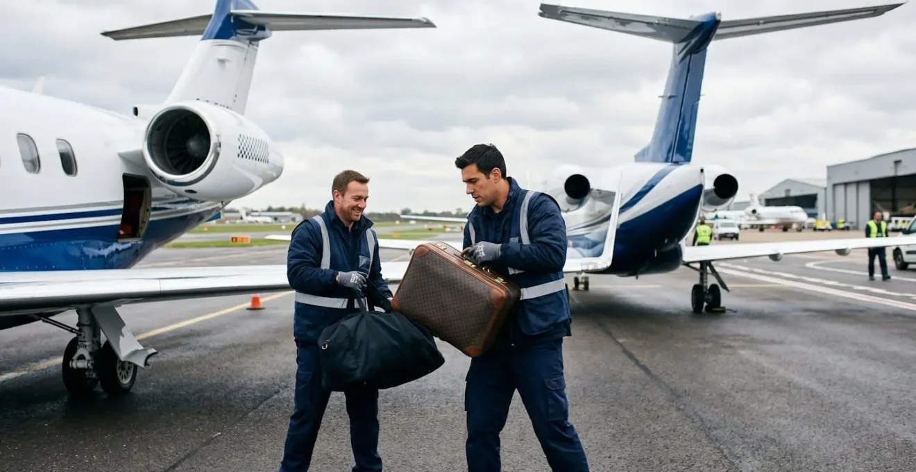 Personnel au sol transférant des bagages entre deux jets privés sur le tarmac