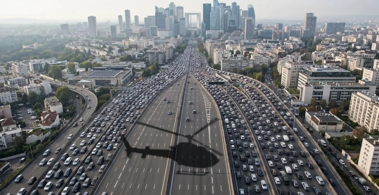 Vue aérienne d'un hélicoptère survolant les embouteillages parisiens vers La Défense