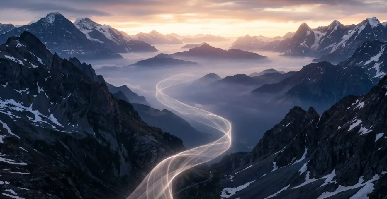 Vue 3D synthétique d'une trajectoire de vol virtuelle formant un tunnel lumineux à travers un relief montagneux