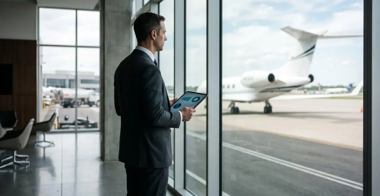 Professionnel vérifiant l'immatriculation d'un avion sur une tablette dans un terminal d'affaires