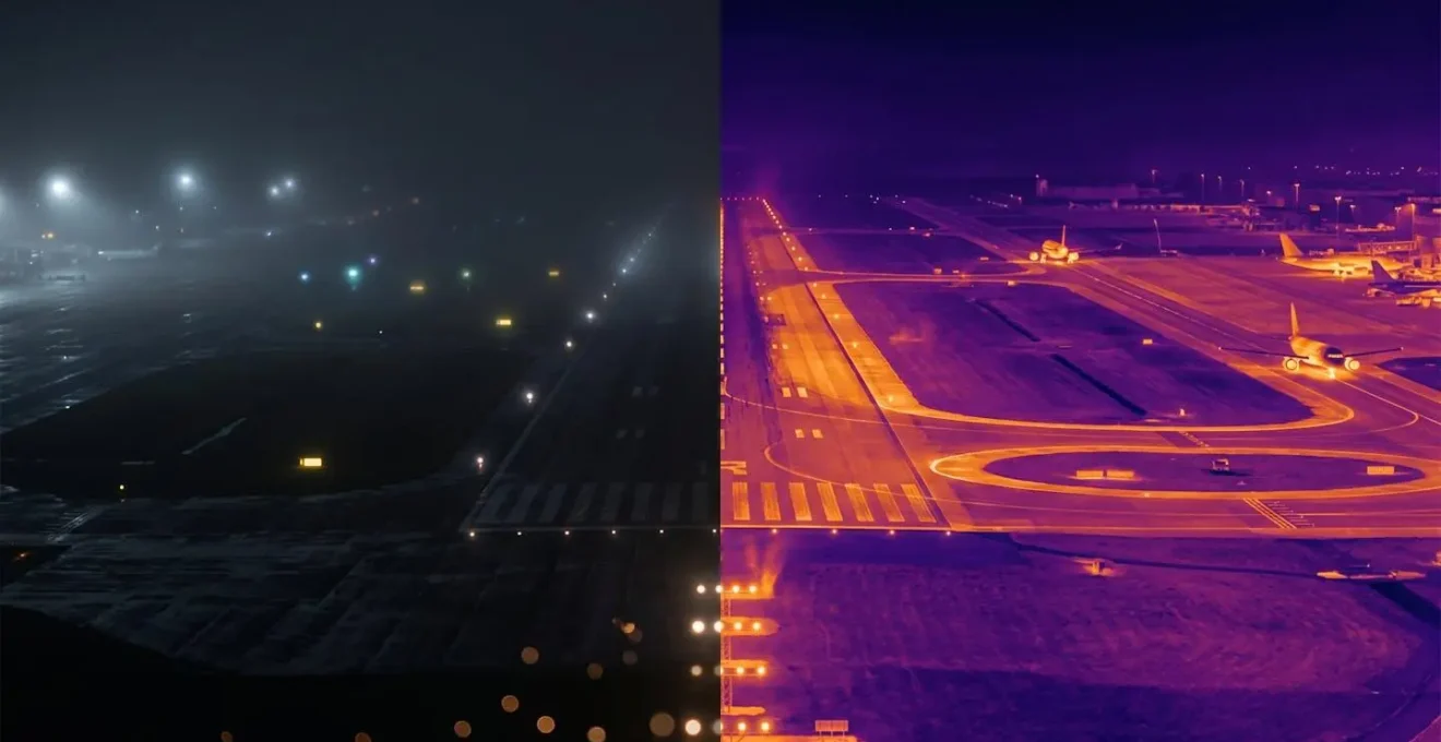 Comparaison visuelle de la vue d'un pilote avec et sans système EVS montrant la piste et les obstacles révélés par vision thermique