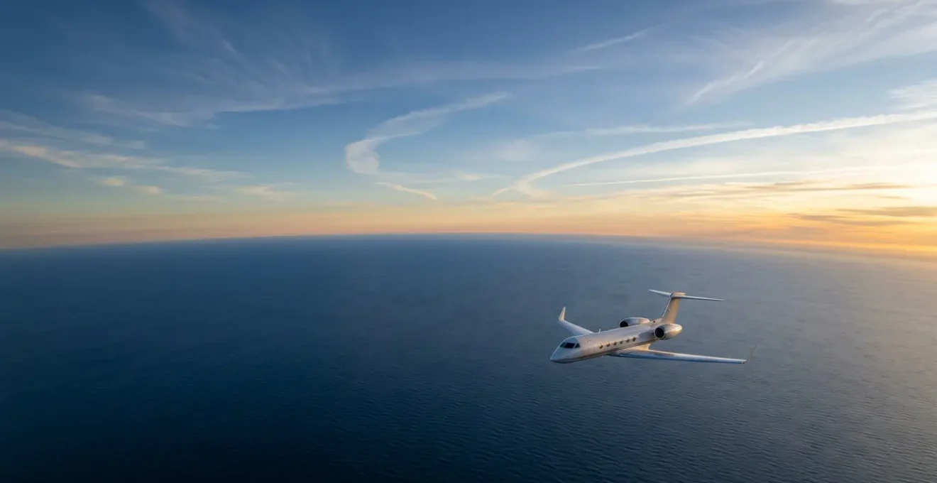 Vue aérienne d'un jet privé survolant l'Atlantique avec les courants atmosphériques visibles